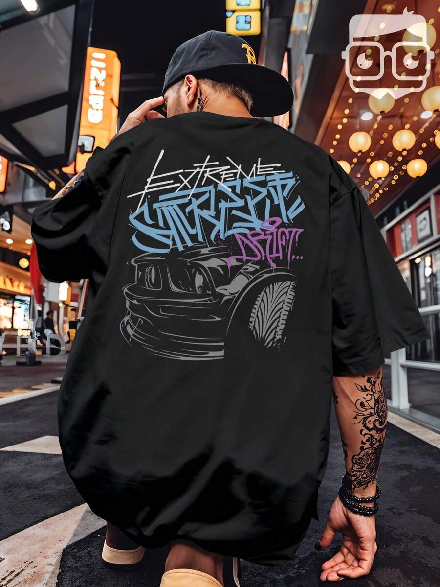 Oversized Streetwear T-Shirt Graffiti Sports Car 3259 VEST NERD - 黑色 - 查看 1