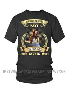 Men'S Vanessa Mai Music Graphic T-Shirt - Black Casual Short Sleeve Round Neck Tee With Golden Laurel Wreath Print, Breathable All-Season Shirt For Adults, Machine Washable Regular Fit, Everyday Comfort Apparel, Music Themed Apparel, Medium Elasticity Fabric - 黑色 - 查看 1