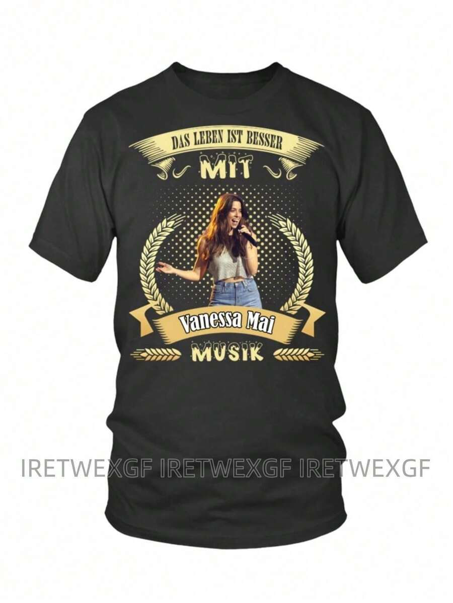 Men'S Vanessa Mai Music Graphic T-Shirt - Black Casual Short Sleeve Round Neck Tee With Golden Laurel Wreath Print, Breathable All-Season Shirt For Adults, Machine Washable Regular Fit, Everyday Comfort Apparel, Music Themed Apparel, Medium Elasticity Fabric - 黑色 - 查看 1