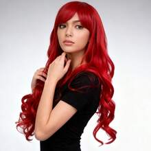 28-Inch Women's Red Long Curly Synthetic Wig With Bangs, Full Wig Head Piece - Red - View 7