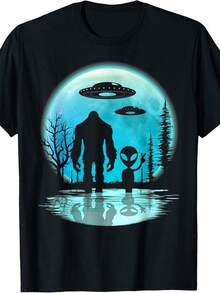 Alien And Bigfoot Moon Tee Gift Uni T-Shirt - màu đen - Xem 1