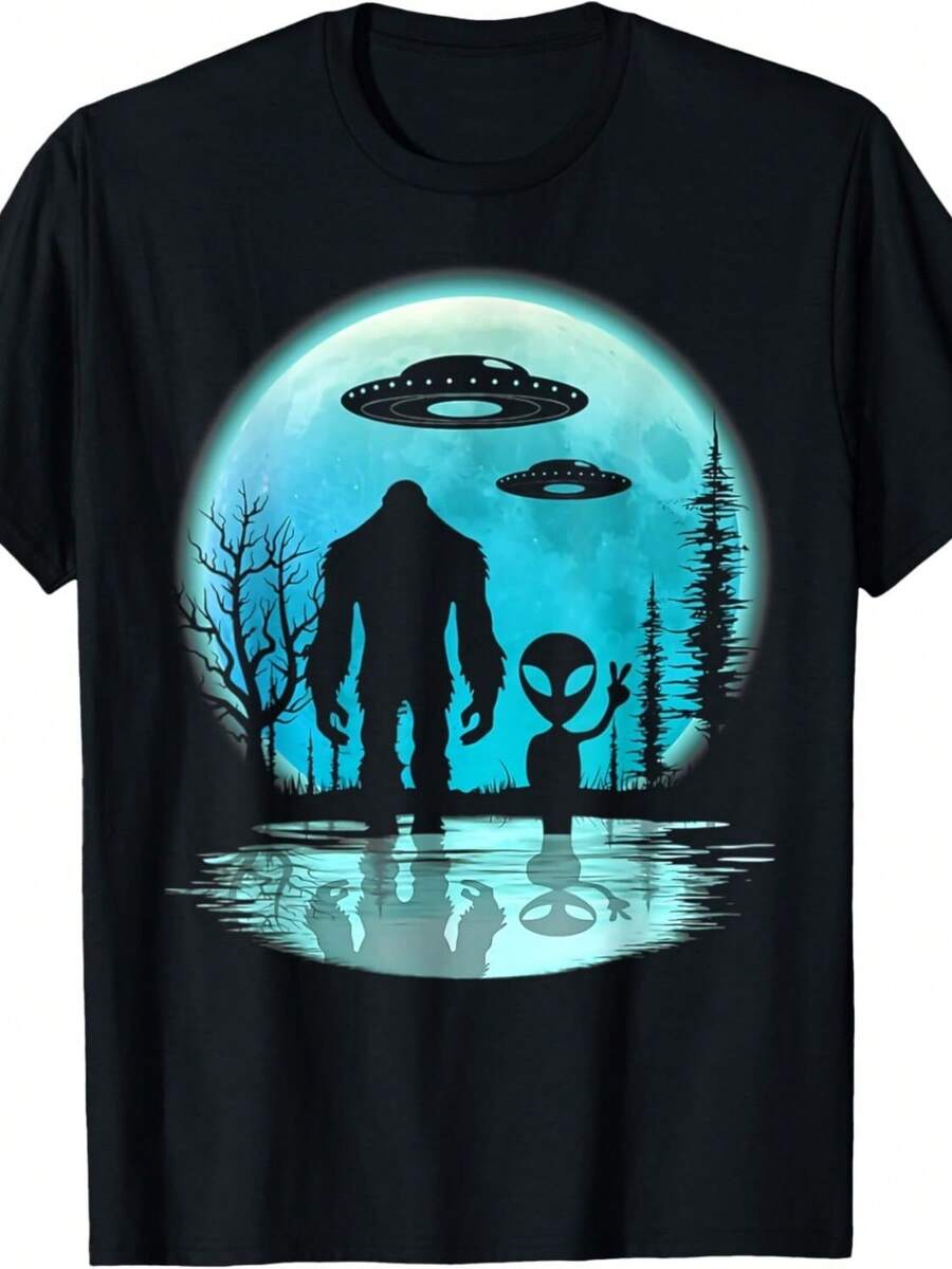 Alien And Bigfoot Moon Tee Gift Uni T-Shirt - màu đen - Xem 1