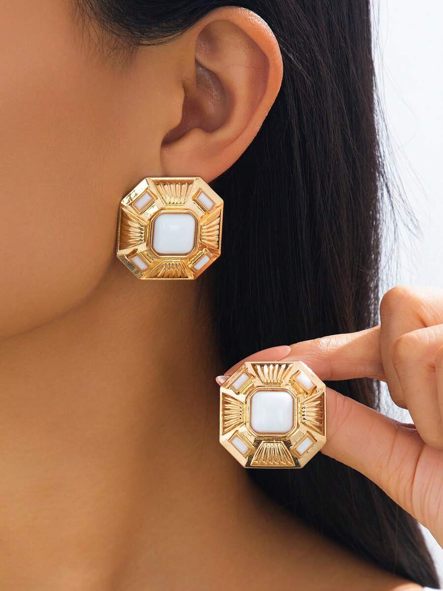 1 Pair Luxury Fashion Exaggerated Creative Wave Pattern Square Rhinestone Stud Earrings, Suitable For Women's Evening Party, Cocktail, Vacation Wear, Holiday Gift