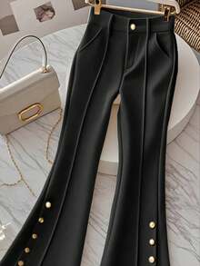Women's Summer Solid Color Versatile Daily Commute Slimming High Waist Flare Pants With Button And Zipper Decoration Black Spring - Black - View 6