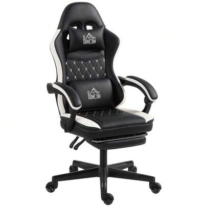 HOMCOM Gaming Chair With Footrest, Computer Chair With Headrest And Cushion, Faux Leather Cover, Swivel, Height Adjustable, Metal, Plastic, Black+White (Available On Site)
