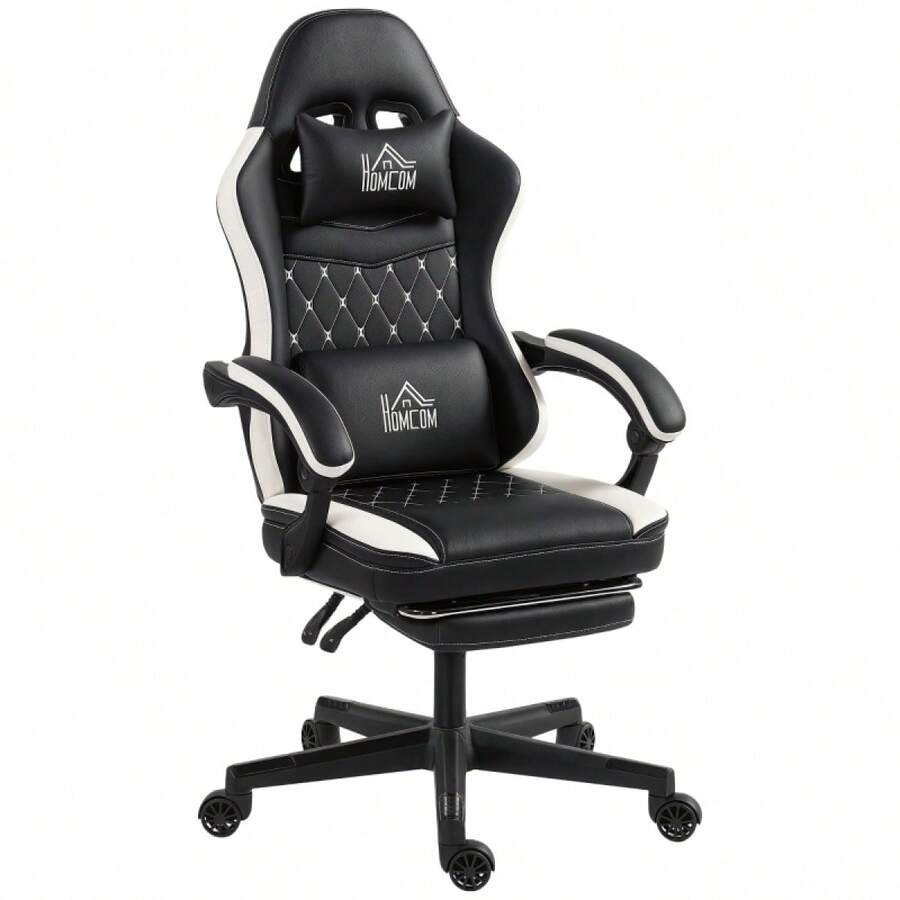 HOMCOM Gaming Chair With Footrest, Computer Chair With Headrest And Cushion, Faux Leather Cover, Swivel, Height Adjustable, Metal, Plastic, Black+White (Available On Site) - 1 - View 1