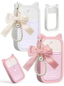 2pcs 1oz (30ml) Hand Sanitizer Spray Bottle Covers, Bow Pearl Keychain And Cute Purple Cat Ear Silicone Anti-Drop Anti-Shock Protective Cases, Travel Perfume Mini Packaging Protective Covers, Anti-Damage