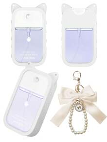 2pcs 1oz (30ml) Hand Sanitizer Spray Bottle Covers, Bow Pearl Keychain And Cute Purple Cat Ear Silicone Anti-Drop Anti-Shock Protective Cases, Travel Perfume Mini Packaging Protective Covers, Anti-Damage