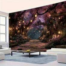1 Magic Forest Tapestry - Charming Purple Cherry Blossom Tree And Glowing Lantern Wall Decoration, Horizontal Fantasy Landscape Painting, Suitable For Living Room, Bedroom, Studio Background Tapestry, No Power Required, Easy To Hang And Install, Suitable For Both Indoor And Outdoor Use, High-Quality Printing, Mysterious Atmosphere, Home Decoration, Event Arrangement - 彩色 - 查看 5
