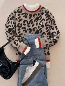 秋冬女士休闲时尚豹纹撞色圆领长袖宽松针织套头衫，女士秋季服装，女士冬季服装，秋季上衣，工作/办公室，商务休闲女士度假 - 彩色 - 查看 1