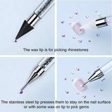 Rhinestone Picker Dotting Pen, Dual-Ended Rhinestone Gems Crystals Studs Picker Wax Pencil Pen Crystal Beads Handle Manicure Nail Art DIY Decoration Tool (Black White) - 2pcs - 查看 7