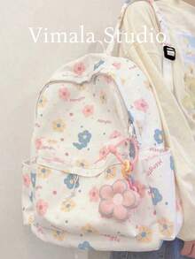 Ransel Wanita Motif Kartun Lucu dengan Blok Warna, Tas Sekolah Kasual, Tas Travel, Kapasitas Besar, dan Liontin Bunga (Posisi Cetakan Acak) - Berwarna merah muda - View 1