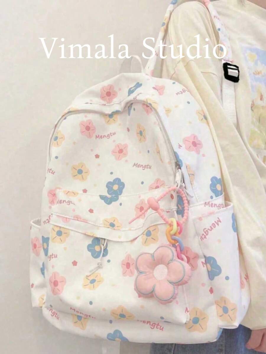 Ransel Wanita Motif Kartun Lucu dengan Blok Warna, Tas Sekolah Kasual, Tas Travel, Kapasitas Besar, dan Liontin Bunga (Posisi Cetakan Acak) - Berwarna merah muda - View 1