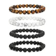 Mens Natural Stone Beaded Bracelets 8MM Stretch Adjustable Tiger Eye, Matte Agate, Lava Rock Beaded Bracelet Set For Men Gifts,4 - 4 - 查看 1