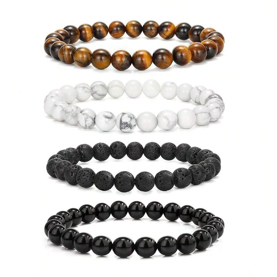 Mens Natural Stone Beaded Bracelets 8MM Stretch Adjustable Tiger Eye, Matte Agate, Lava Rock Beaded Bracelet Set For Men Gifts,4 - 4 - 查看 1