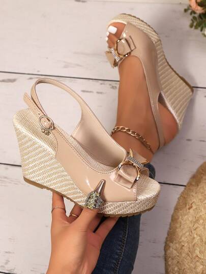 2026 New Fashion Women's One-Buckle Bow Rhinestone Decor Adjustable PU Strap Thick Sole Wedge Heel Classic Sandals