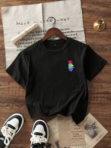 Camiseta de manga corta con cuello redondo y estampado gráfico rosa para niñas preadolescentes y estudiantes, top de verano - Negro - Ver 4