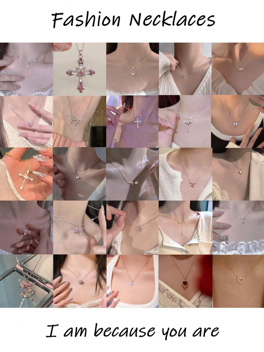 Juego de 9/8/5/3 piezas de collar multicapa con colgantes con diseños elegantes y vintage de corazón, flor, cruz, lágrima, ojo de gato falso, gema, ala, strass, mariposa, estrella y borla, en estilo Y2K, adecuado para vacaciones, fiestas, citas, regalos y uso diario - Multicolor - Ver 1