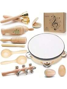 木制奥尔夫乐器，适合家庭使用，打击乐器，用于音乐教育，锻炼精细动作技能，包括铃铛、鼓、沙锤、蛋形沙锤等。 - 彩色 - 查看 1