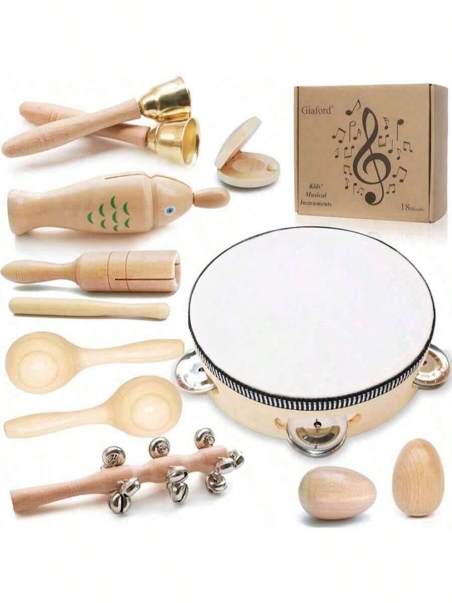 木制奥尔夫乐器，适合家庭使用，打击乐器，用于音乐教育，锻炼精细动作技能，包括铃铛、鼓、沙锤、蛋形沙锤等。 - 彩色 - 查看 1