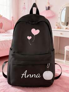 Customized Exclusive Backpack With Heart-Shaped Balloon Print, Back To School Season Gift, Clear And Simple, Printed With Personalized Name Or Holiday Wishes. This Brand New Back To School Backpack Features A Nylon Zipper Design, Making It Versatile And Casual. You Can Print Your Name, Letters, Lucky Numbers, Etc.