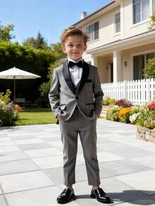 3pcs Boys Suit Set, New Flower Boy Wedding Formal Outfit, Performance Wear For Toddler, Little & Big Kids, Includes Blazer, Pants, Bow Tie - Grey - View 6