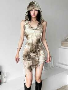 Đầm ôm sát không tay họa tiết rằn ri nhiều màu sắc, có tua rua, kiểu dáng bất đối xứng, thích hợp cho lễ hội nhạc đồng quê, lễ hội hóa trang, khu nghỉ dưỡng, sân khấu biểu diễn. - Màu Khaki - Xem 2