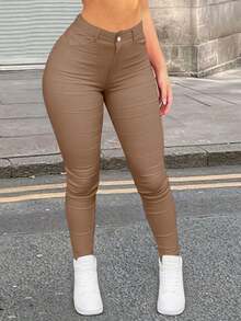 斜口袋高腰緊身褲 - 卡其色 - 查看 2