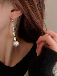 1 par de elegantes y lujosos pendientes de borla larga con circonita, estilo francés, versátiles pendientes de perla falsa únicos para mujeres