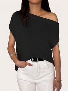 Women's New Oblique Shoulder Casual Comfortable Daily Personalized Sweater, Short Sleeve Loose Knit T-Shirt, Outerwear, Suitable For Spring, Summer And Autumn - Black - View 2