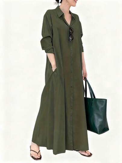 女士度假休闲纯色前扣长款衬衫裙