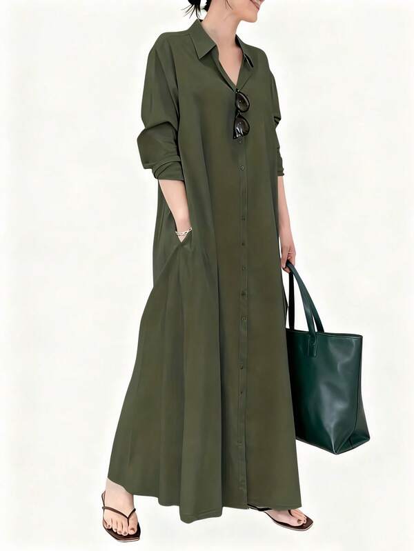 女士度假休闲纯色前扣长款衬衫裙