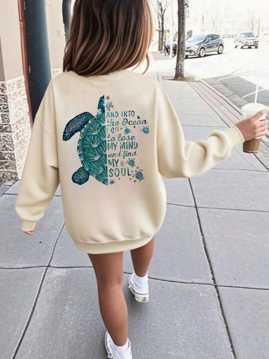 1 hanorac casual cu imprimeu pentru fete, cu guler rotund, îmbrăcăminte pentru studenți, mânecă lungă, toamnă/iarnă - Caisă - Vizualizare 1