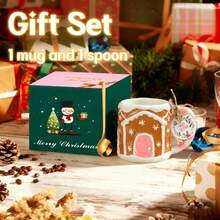 LECHENG HOUSEHOLD 1 Cup 1 Spoon, Gift Box, 400ml Christmas Ceramic Cookie House Mug, Red And Pink, Handmade Hand-Painted Mug, Coffee Cup, Water Cup, Decorative Cup, Hot Chocolate, Winter Cup, Thanksgiving, Christmas Gift, Christmas Eve Gift, Microwave/Dishwasher - Multicolor - View 2