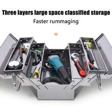 Caja de herramientas plegable de metal, portátil, para mantenimiento automotriz, organizador de almacenamiento, acero inoxidable, 3 niveles, 5 bandejas - Plateado - Ver 7