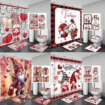 1pc/4pcs Valentine's Day Minimalist Romantic "LOVE" Shower Curtain Set - Gnome, Heart, "Happy Valentine's Day", Plaid Background, "LOVE" Text Design Shower Curtain, Bath Mat Set, Includes 12 Hooks, Non-Slip Bath Mat, U-Shaped Toilet Seat Cover, Machine Washable, Artistic Design, Suitable For All Seasons, Valentine's Day Shower Curtain, Bathroom Decor