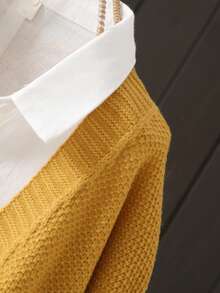 Plus Size Solid Color Front Buttoned Long Sleeve Pocket Top, Casual Daily Wear, For Winter - Yellow - View 4