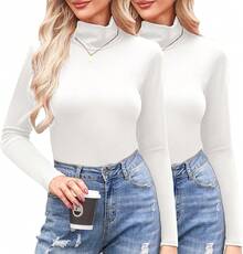 Women's Turtleneck Long Sleeve Layer Tops Basic Cotton Tees Soft Thermal Underwear Blouse, Fashionable 2025 Style D60Q - Trắng+trắng - Xem 1