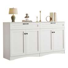 Meuble de Rangement 160x40x85 cm - Buffet de Salon avec 2 Tiroirs - Table d'Appoint au Design Courbé et Poignée Noire - 2 Grands Compartiments Fermés - 7 Espaces de Rangement au Total - Blanc - Voir 11