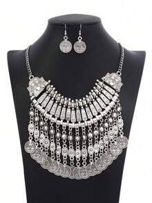 Bộ vòng cổ tua rua đồng xu chạm khắc cổ điển, phụ kiện thường ngày cho tiệc tùng, bãi biển - Màu Bạc Cổ - Xem 8