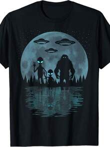 Alien And Bigfoot Moon, UFO's Funny Sasquatch And Aliens T-Shirt - 黑色 - 查看 1