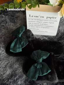 Women's Faux Fur Open Toe Slippers With Elegant Green Satin Bow, Fluffy Fuzzy House Slides, Soft Plush Memory Foam Indoor Bedroom Shoes, Warm Winter Gifts For Her,Cozy Fleece House Slippers For Women - Emerald and Black - View 5