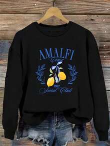 Women's Beige Sweatshirt - Italian Amalfi Coast Inspired Casual Pullover With Lemon & Blue Floral Print, Relaxed Fit All-Season Sweater For Everyday Vacation Outfits, Ladies Sweaters, Durable Comfort, Soft Texture - màu đen - Xem 2