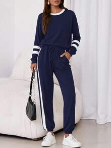 Women Fall 2 Piece Lounge Outfit Long Sleeve Tops High Waisted Jogger Pants Set Spring Travel Clothes Tracksuit New Years Valentine Vacation Outfit For Women - 藏青 - 查看 5