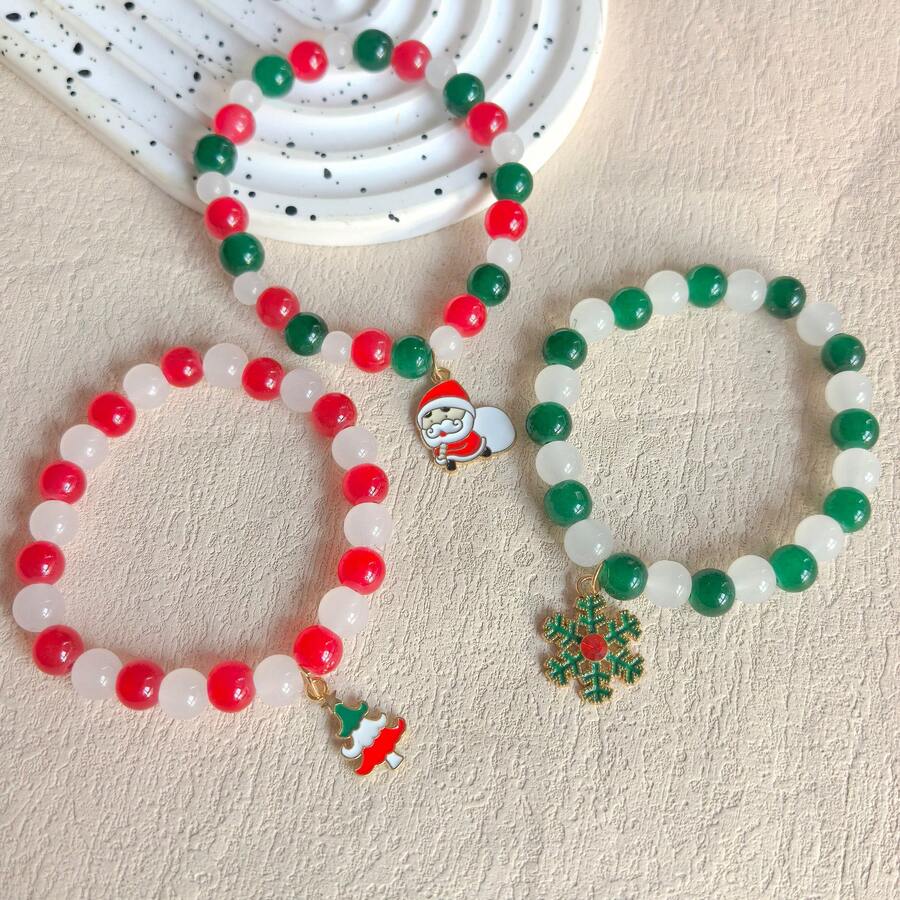 3pcs/Set Cute Glass Bead Santa Claus, Snowflake, Christmas Tree Elastic Beaded Bracelet, Suitable For Men And Women To Wear For Christmas - Santa Claus + Christmas Tree + Snowflakes - View 1