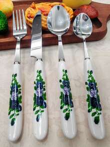 4/24件套精美蓝色玫瑰印花陶瓷柄不锈钢餐具，包括叉子、甜点勺、汤勺、牛排刀，独特优雅的餐具套装，适用于家庭、餐厅、厨房、日常用餐、派对和节日聚会。 - 銀色 - 查看 15