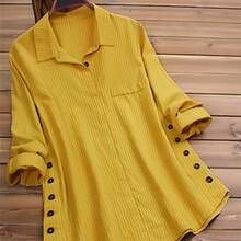 女士长袖翻领衬衫，常规版型，涤纶面料，纽扣细节，侧边口袋
