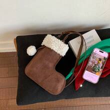 1 Peça Bolsa de Ombro Aberto com Patch de Pelúcia e Falso Camurça com Design de Bota para Meninas, Bolsa Transversal Adequada para Outono/Inverno, Festa de Natal