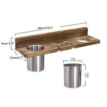 Wall-Mounted Hair Styling Tool Rack, Sturdy Pine Wood Construction, Detachable Stainless Steel Cup, Suitable For Storing Hair Dryers, Straighteners, Curling Irons, Combs, Etc., Brown. - 棕色 - 查看 5