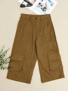 新款女式休闲纯色口袋短工装裤 - 咖啡棕 - 查看 4